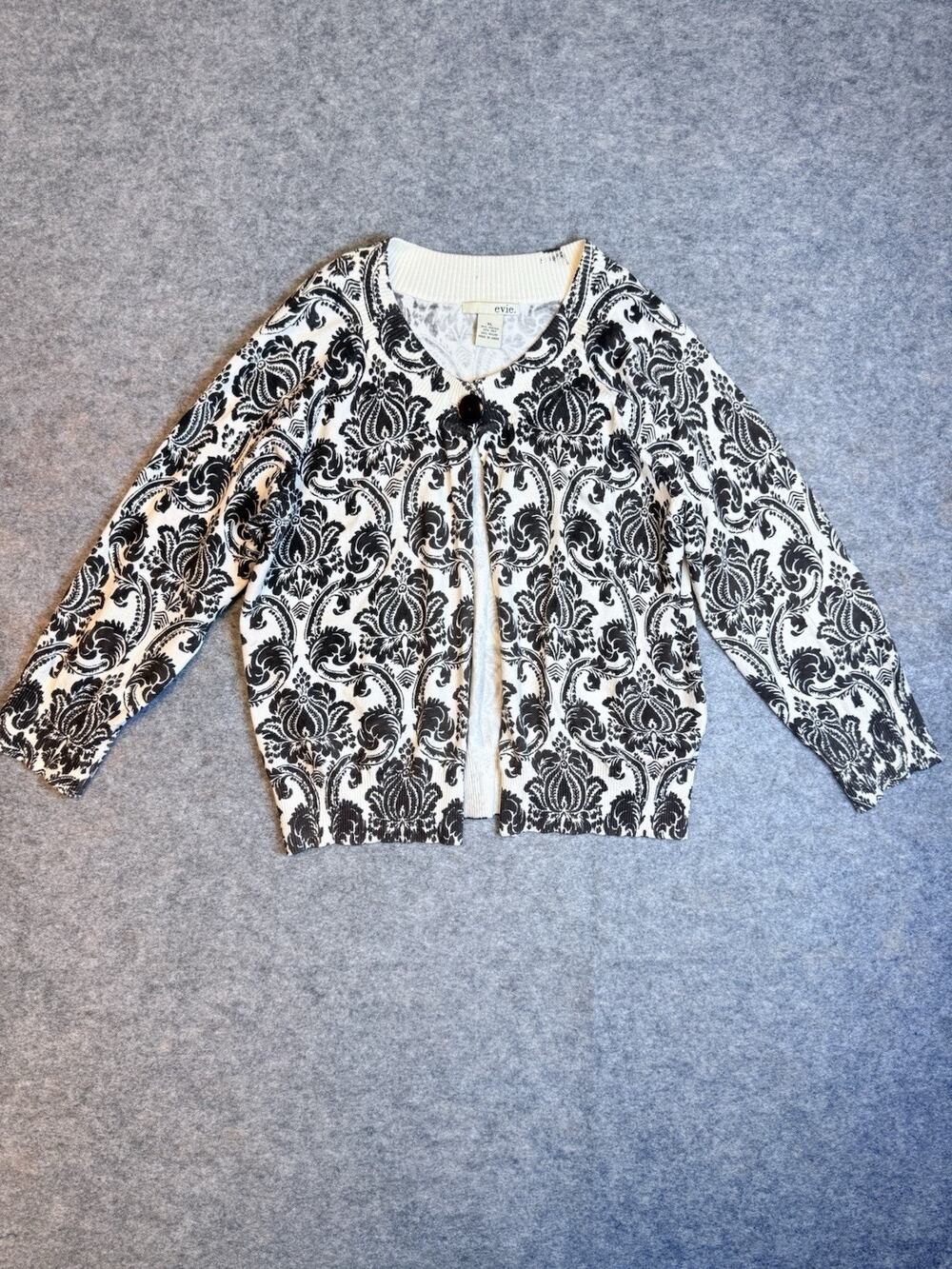 Evie Silk Blend Cardigan Sweater Sz XL Brown Ivory Paisley One Button 3/4 Sleeve